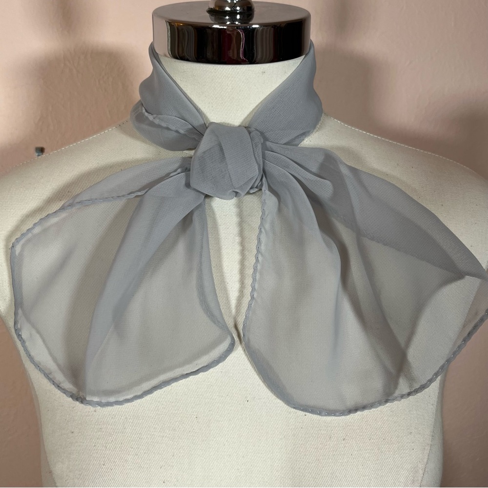 Vintage 1970 Mod Retro Minimalist Semi sheer Dove grey Cravat bow Neck Scarf